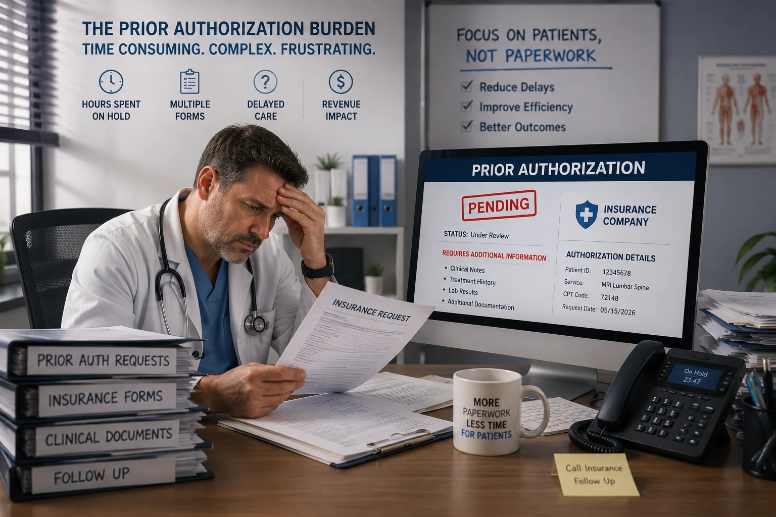 Physician dealing with prior authorization paperwork burden — medical billing prior authorization process 2026