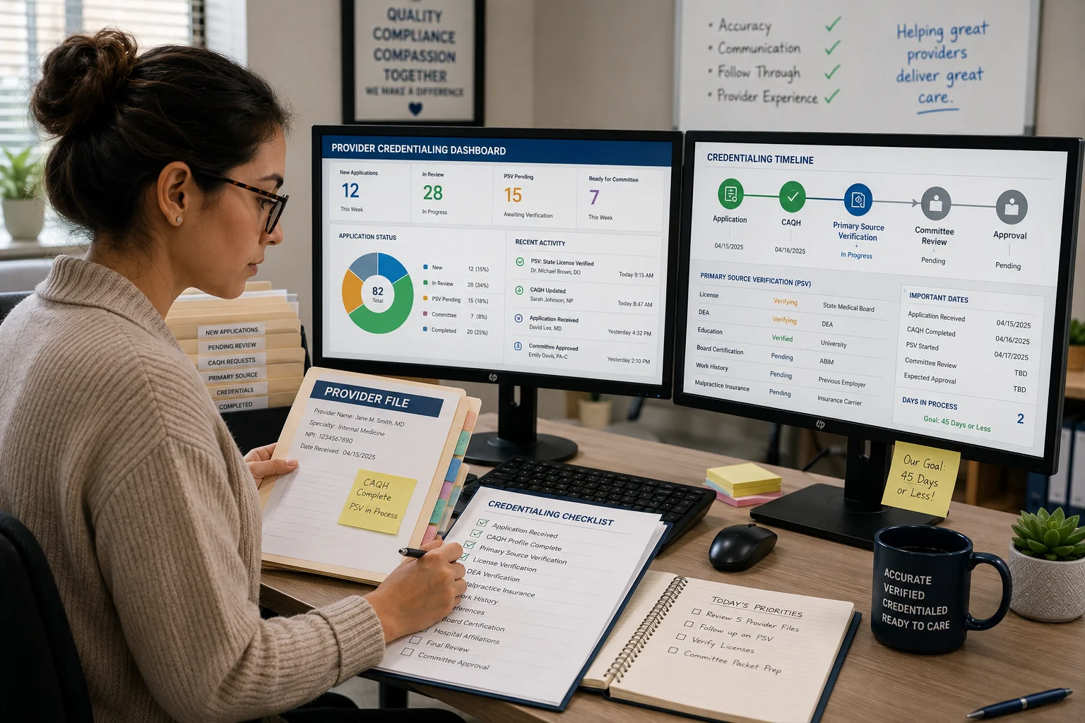 Pro Health Care Advisors credentialing specialist managing physician payer enrollment applications and monitoring timeline for healthcare practice