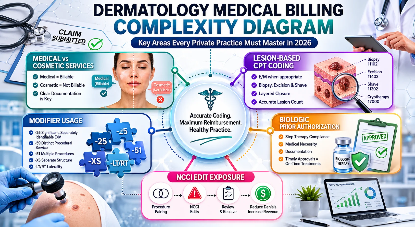 Dermatology medical billing complexity diagram showing medical versus cosmetic service distinction, lesion-based CPT coding, modifier usage, biologic prior authorization, and NCCI edit exposure for private practices in 2026