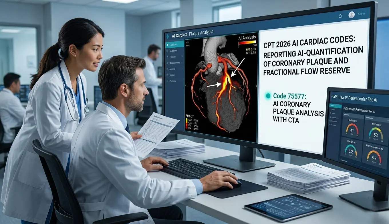 Doctor reviewing AI-assisted cardiac imaging on medical workstation — CPT 2026 AI codes