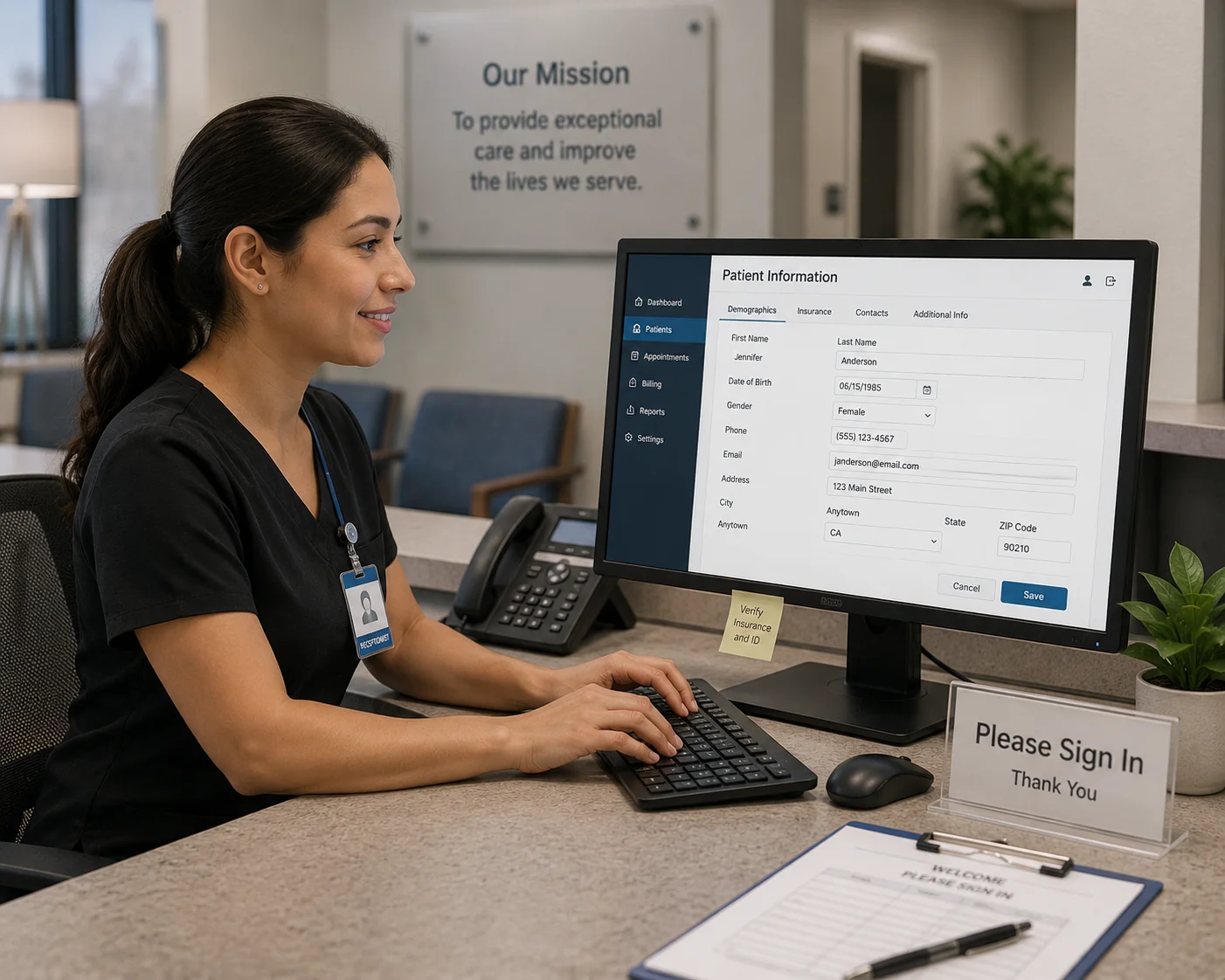 Healthcare front desk staff verifying patient insurance information during registration