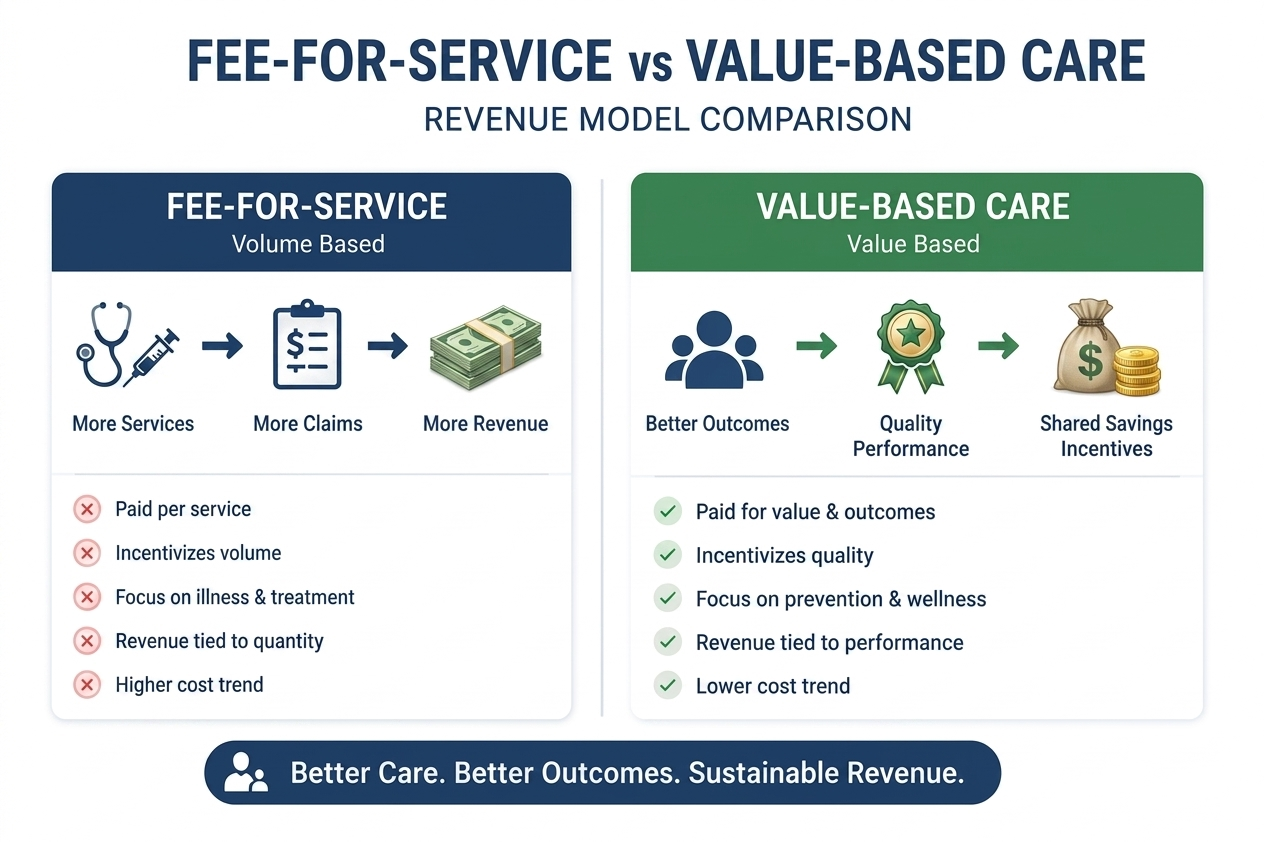 Infographic comparing fee-for-service vs value-based care revenue model