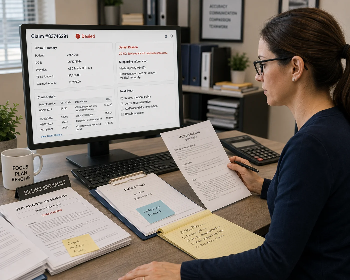 Medical billing specialist reviewing claim denial reasons and preparing appeal documentation — denial management process