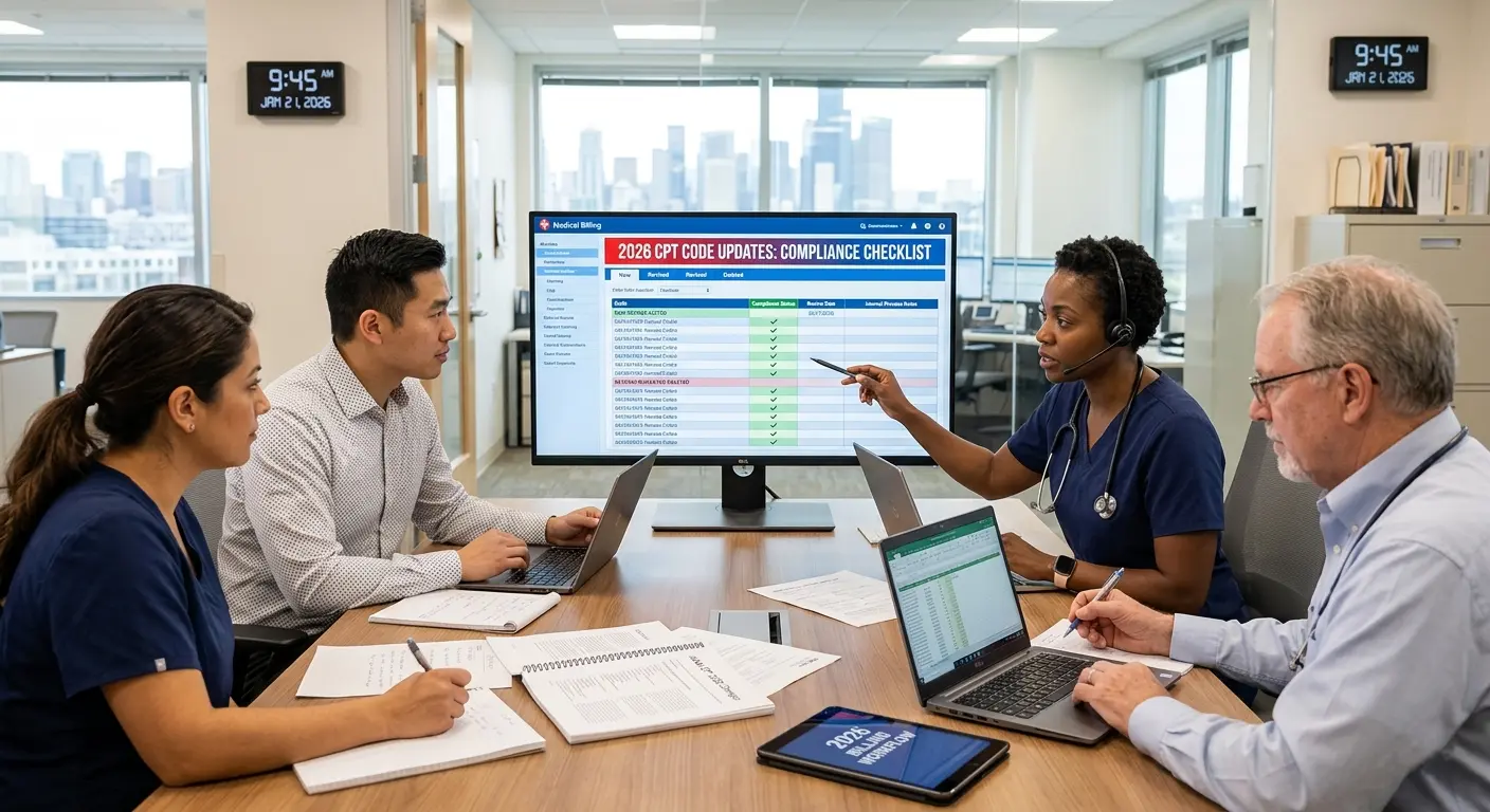 Medical billing team reviewing CPT code updates on computer — 2026 compliance checklist