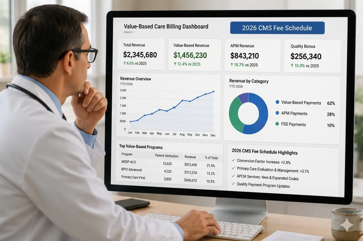 Physician reviewing value-based care billing dashboard — 2026 CMS fee schedule