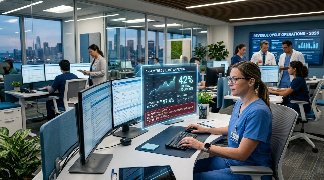 AI in medical billing 2026 showing automated claim scrubbing catching errors before submission to reduce denials by 42 percent