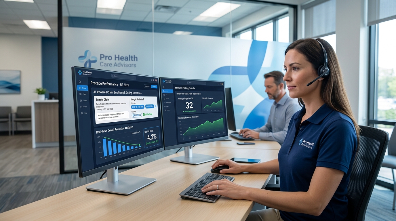 AI in medical billing 2026 at Pro Health Care Advisors helping small medical practices reduce denials and improve cash flow