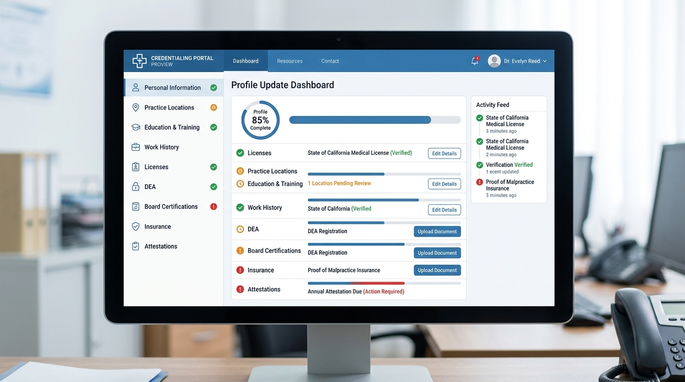 CAQH ProView profile update screen used in physician credentialing process