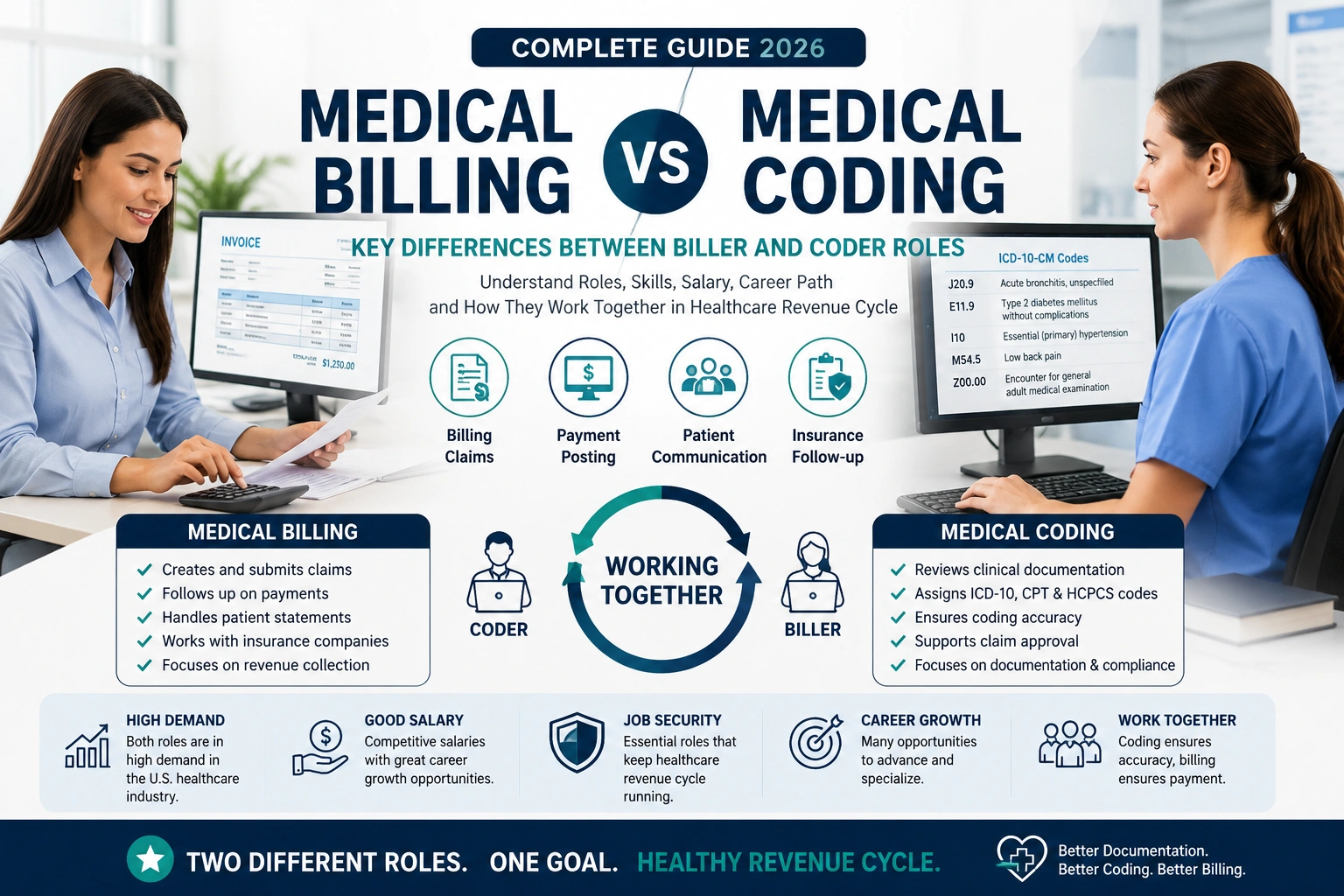 medical billing vs medical coding 2026 complete guide showing key differences between biller and coder roles