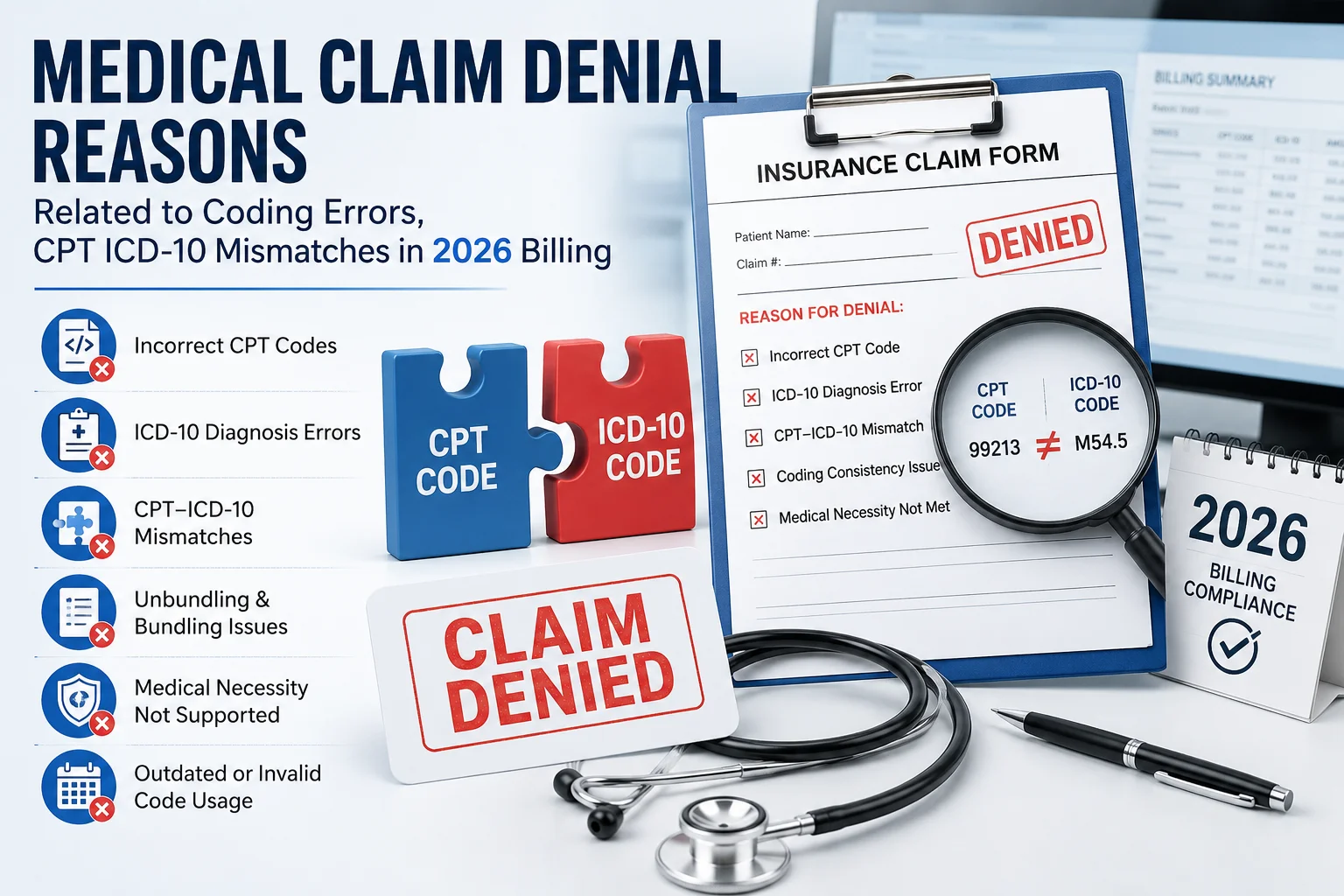 medical claim denial reasons related to coding errors CPT ICD-10 mismatches in 2026 billing