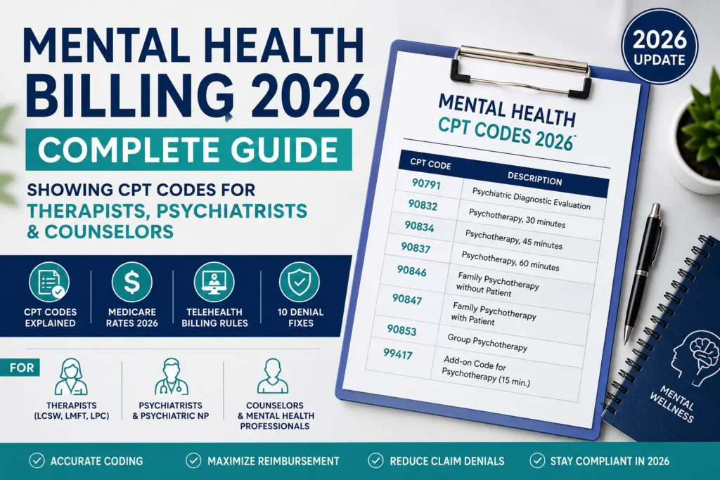 Mental health billing 2026 complete guide showing CPT codes for therapists psychiatrists and counselors
