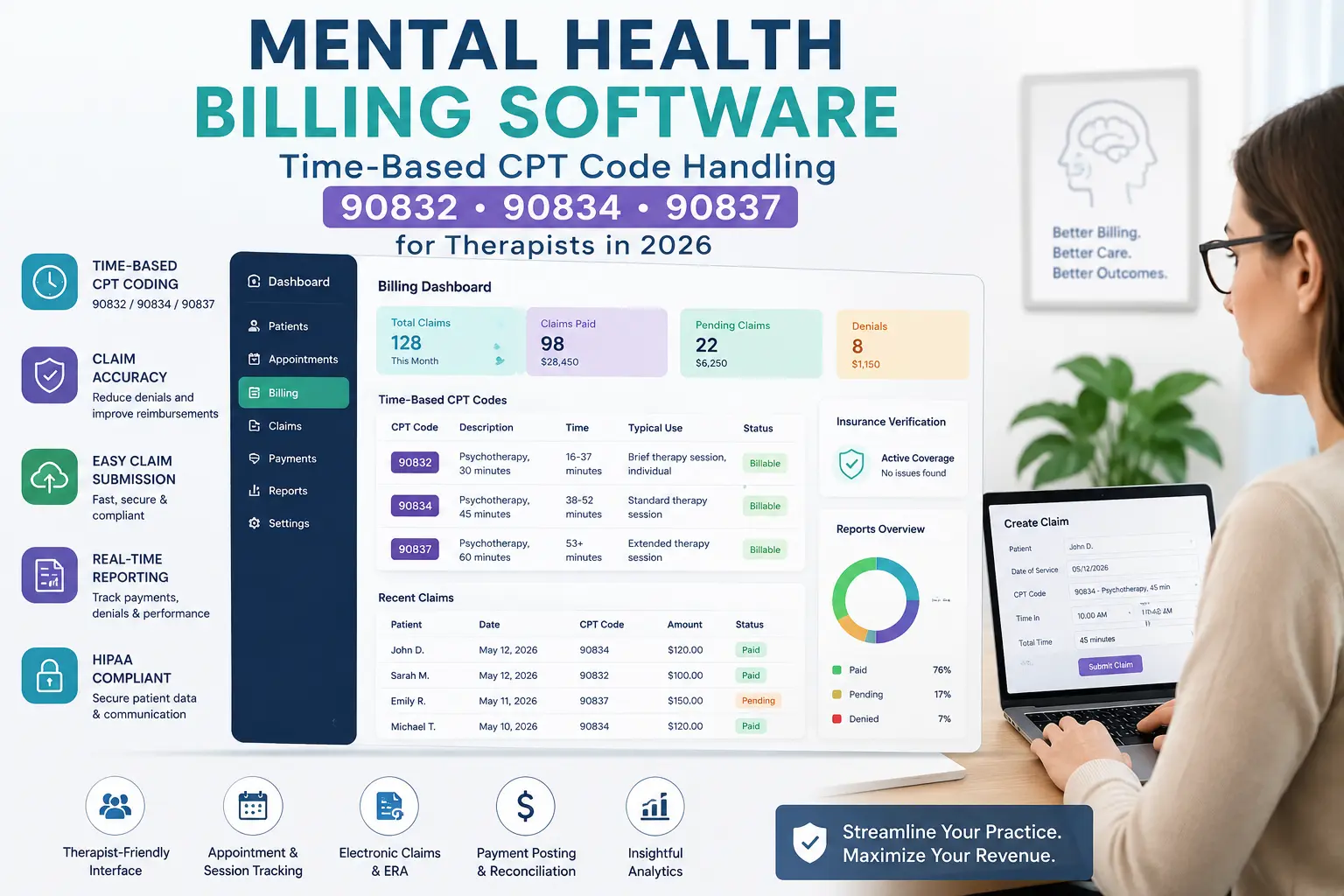 mental health billing software showing time-based CPT code handling 90832 90834 90837 for therapists in 2026