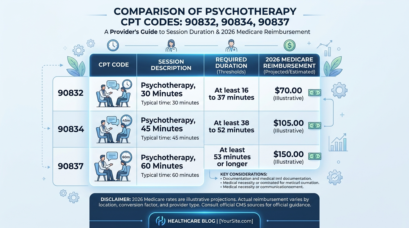 Chart showing mental health CPT codes 90832 90834 90837 time thresholds and 2026 Medicare reimbursement rates