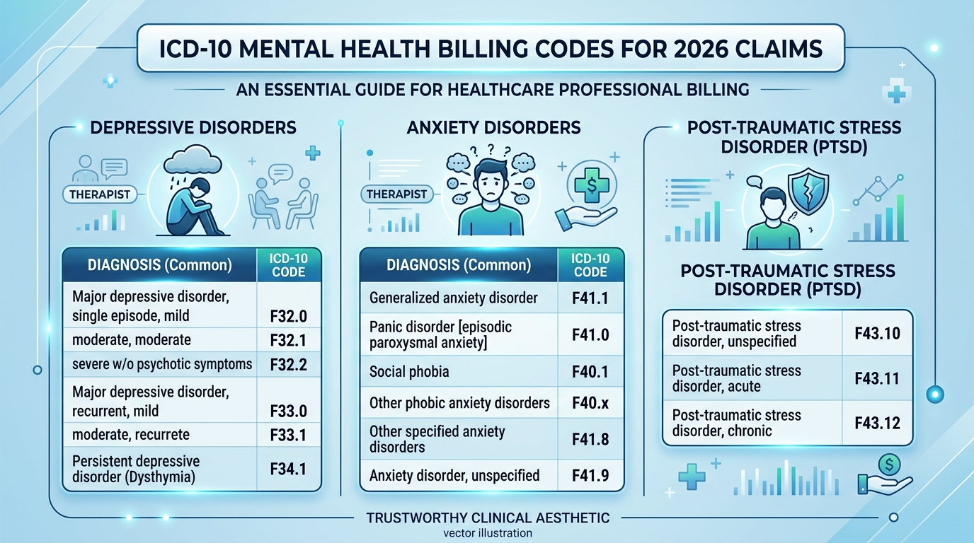 ICD-10 diagnosis codes for mental health billing showing depression anxiety PTSD codes for 2026 claims