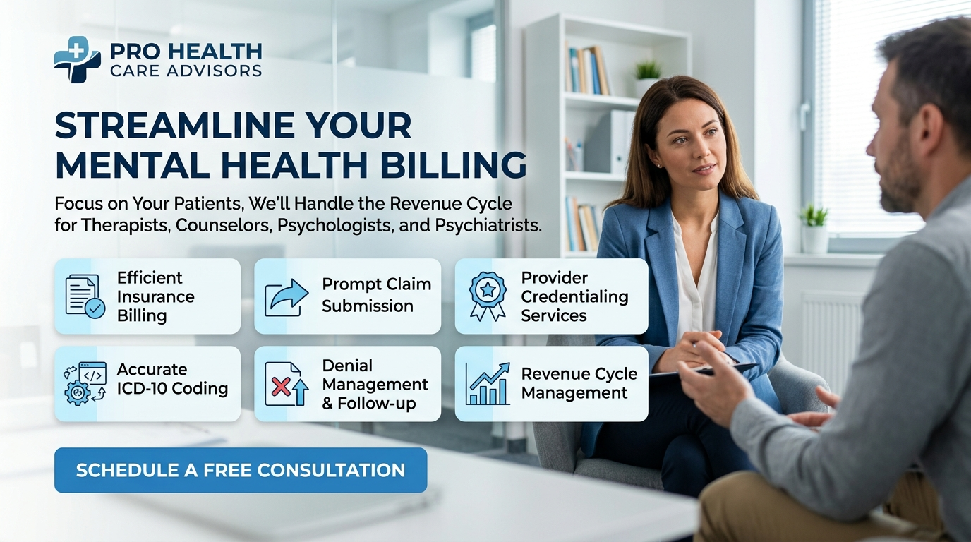 Pro Health Care Advisors mental health billing services for therapists counselors and psychiatrists