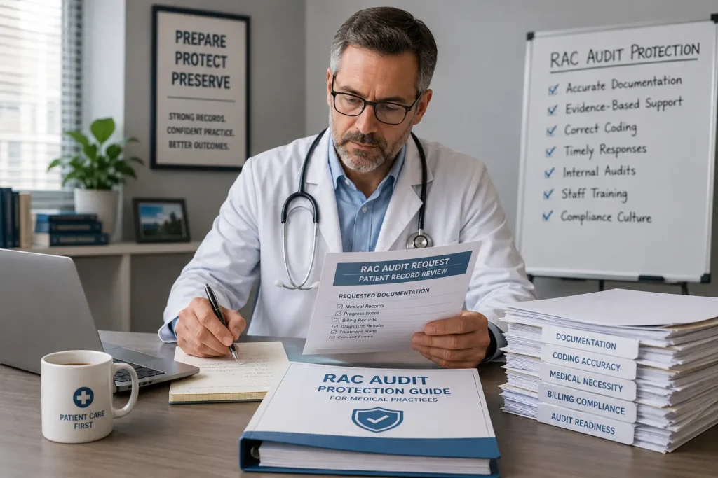 Doctor reviewing RAC audit documents at desk — RAC audit protection guide for medical practices