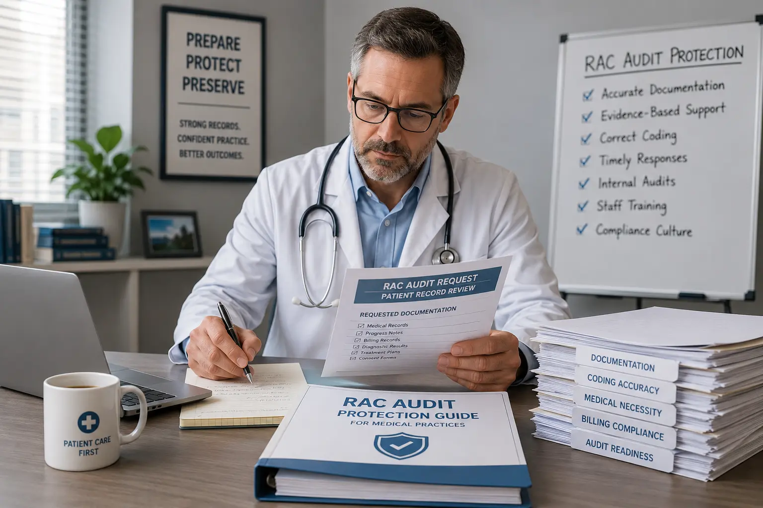 Doctor reviewing RAC audit documents at desk — RAC audit protection guide for medical practices