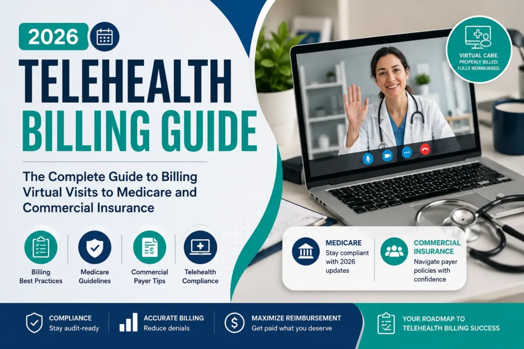 telehealth billing 2026 complete guide showing Medicare and commercial insurance CPT codes modifiers and POS codes for virtual visits
