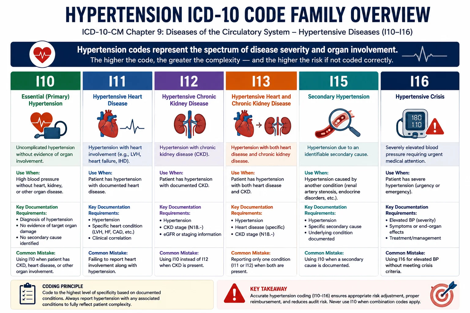 hypertension ICD-10 code family I10 I11 I12 I13 I15 I16 overview chart