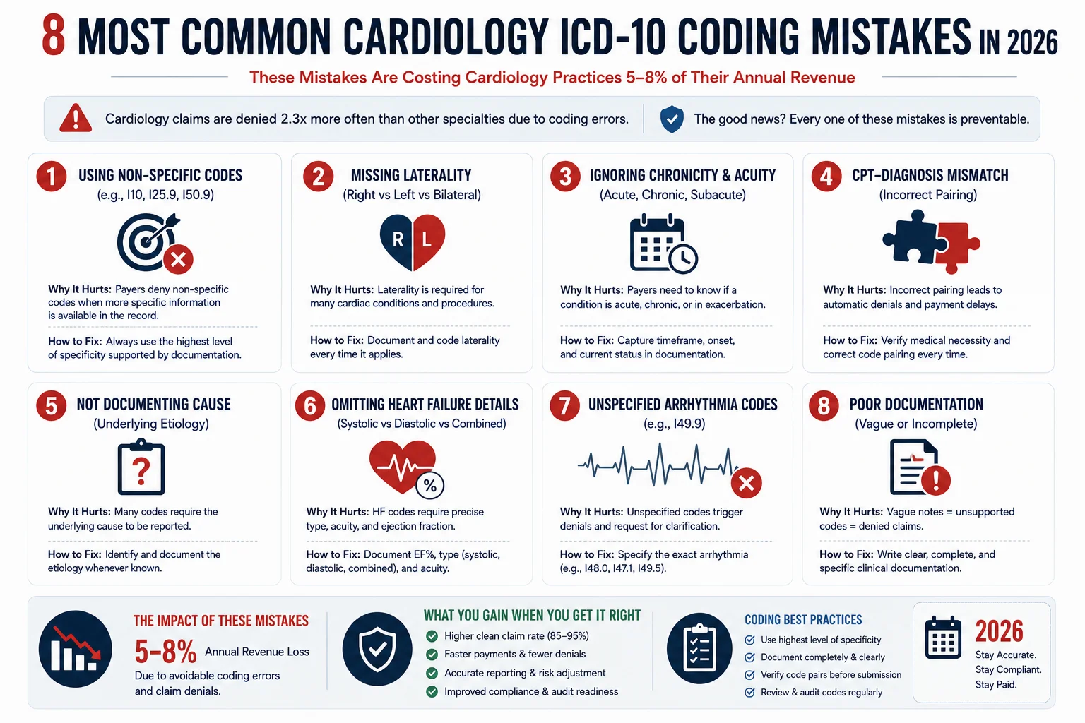 8 most common cardiology ICD-10 coding mistakes 2026 non-specific codes CPT mismatch laterality