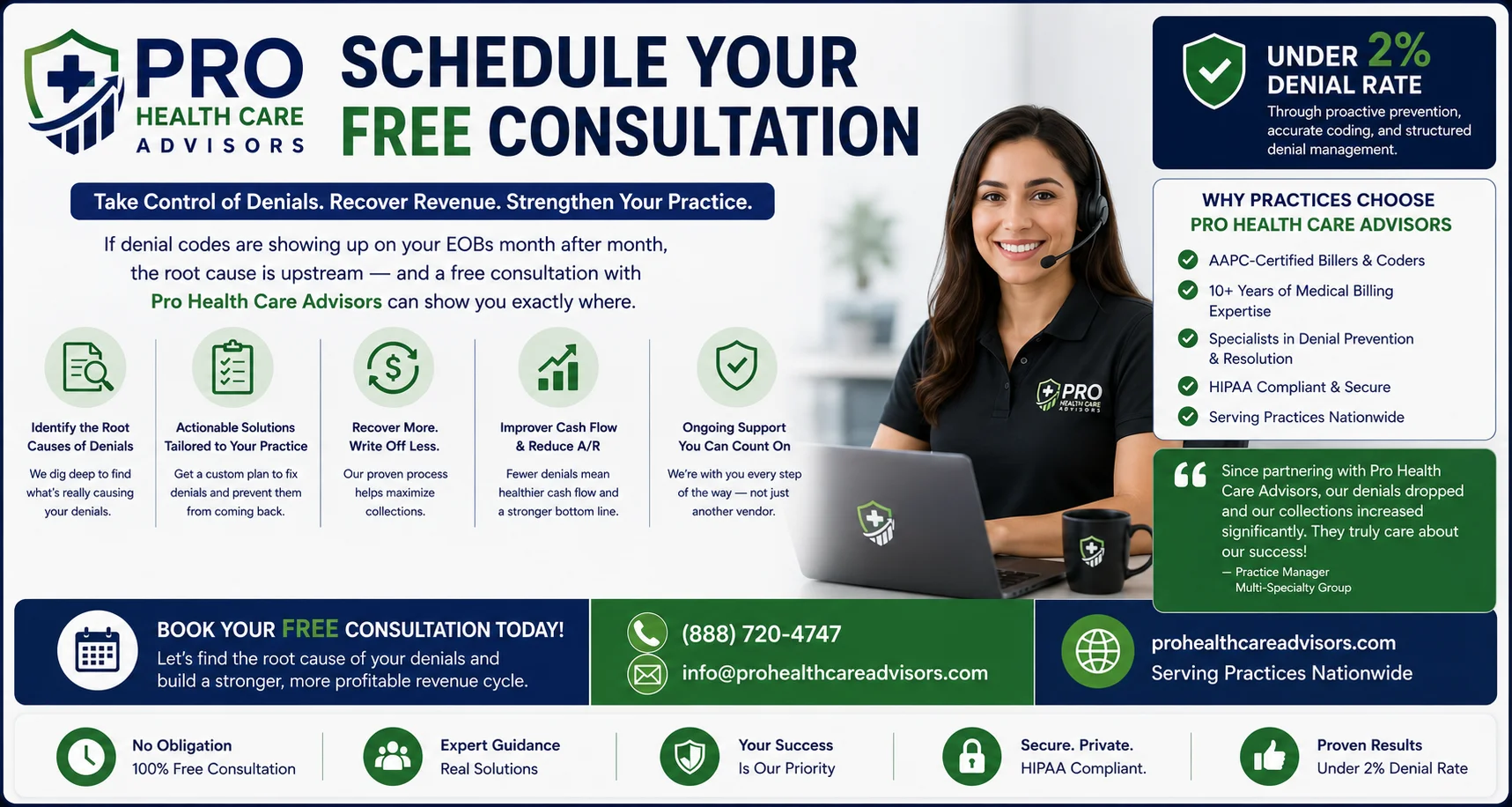 schedule free medical billing consultation Pro Health Care Advisors denial management 2026