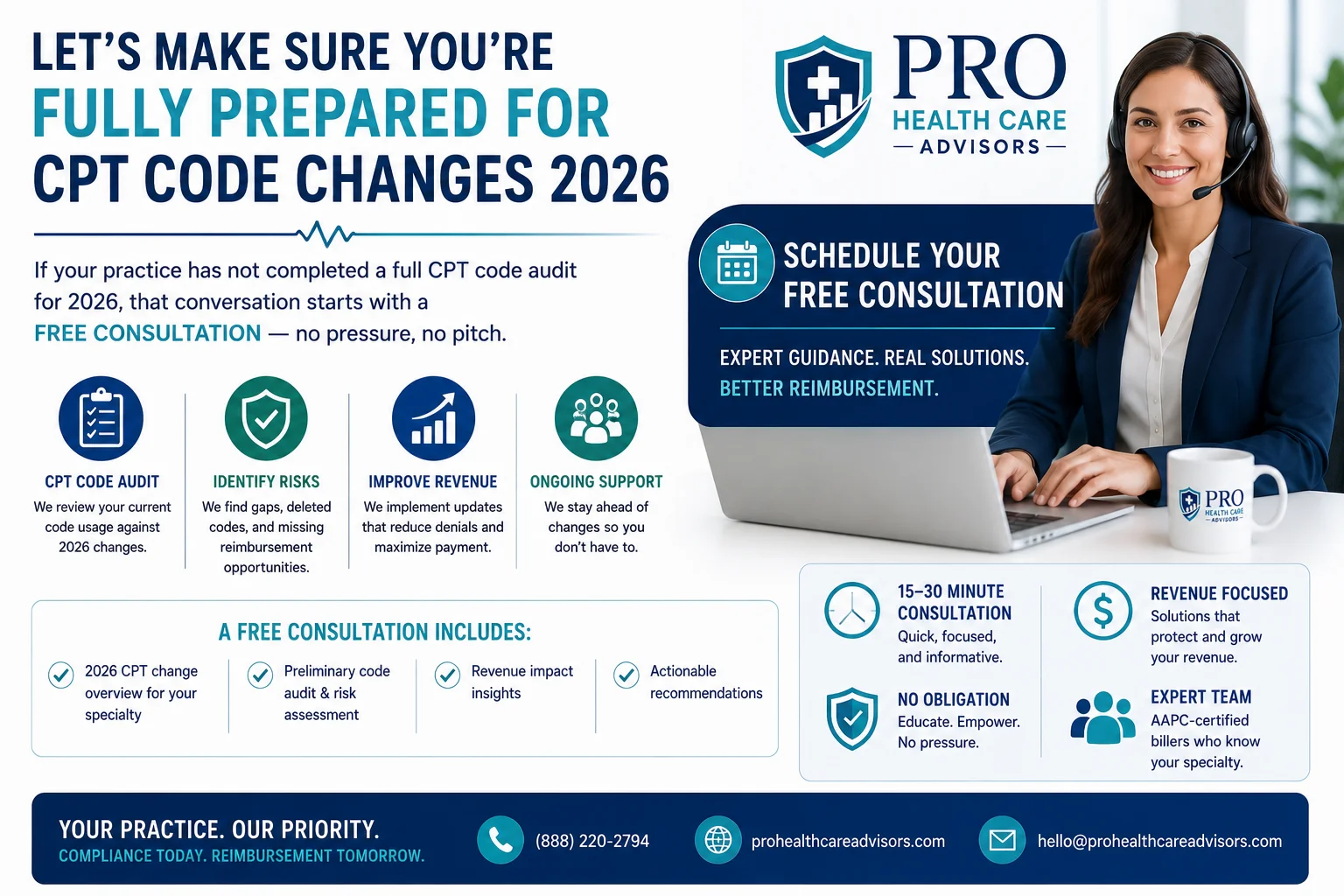 schedule free medical billing consultation Pro Health Care Advisors CPT code changes 2026