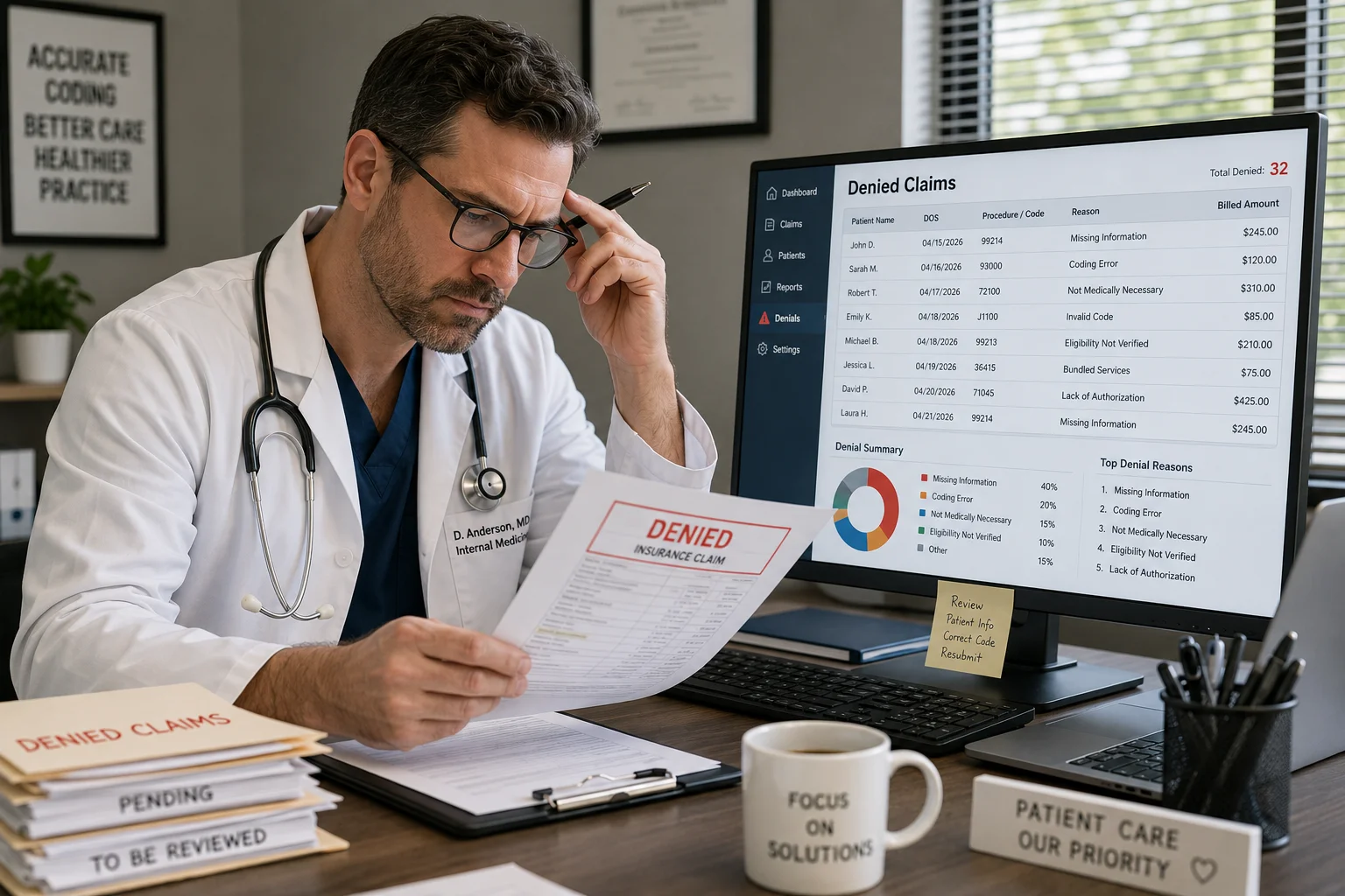 Physician reviewing denied insurance claims at a medical practice