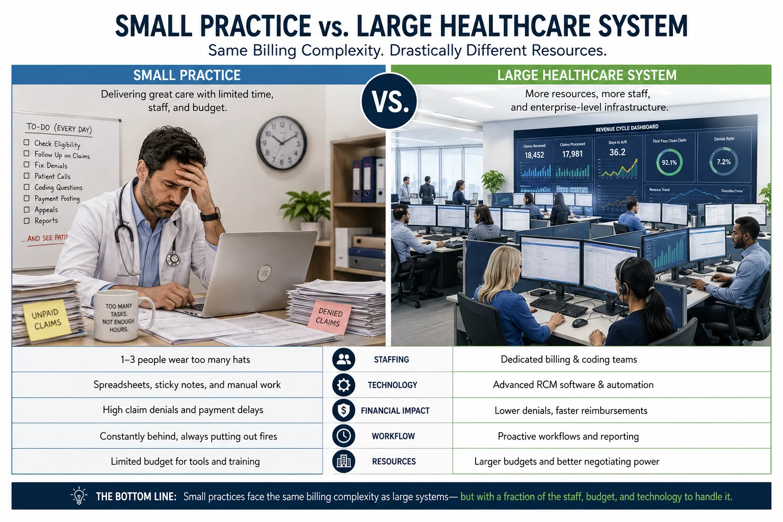 medical billing small practices vs large healthcare systems challenges 2026