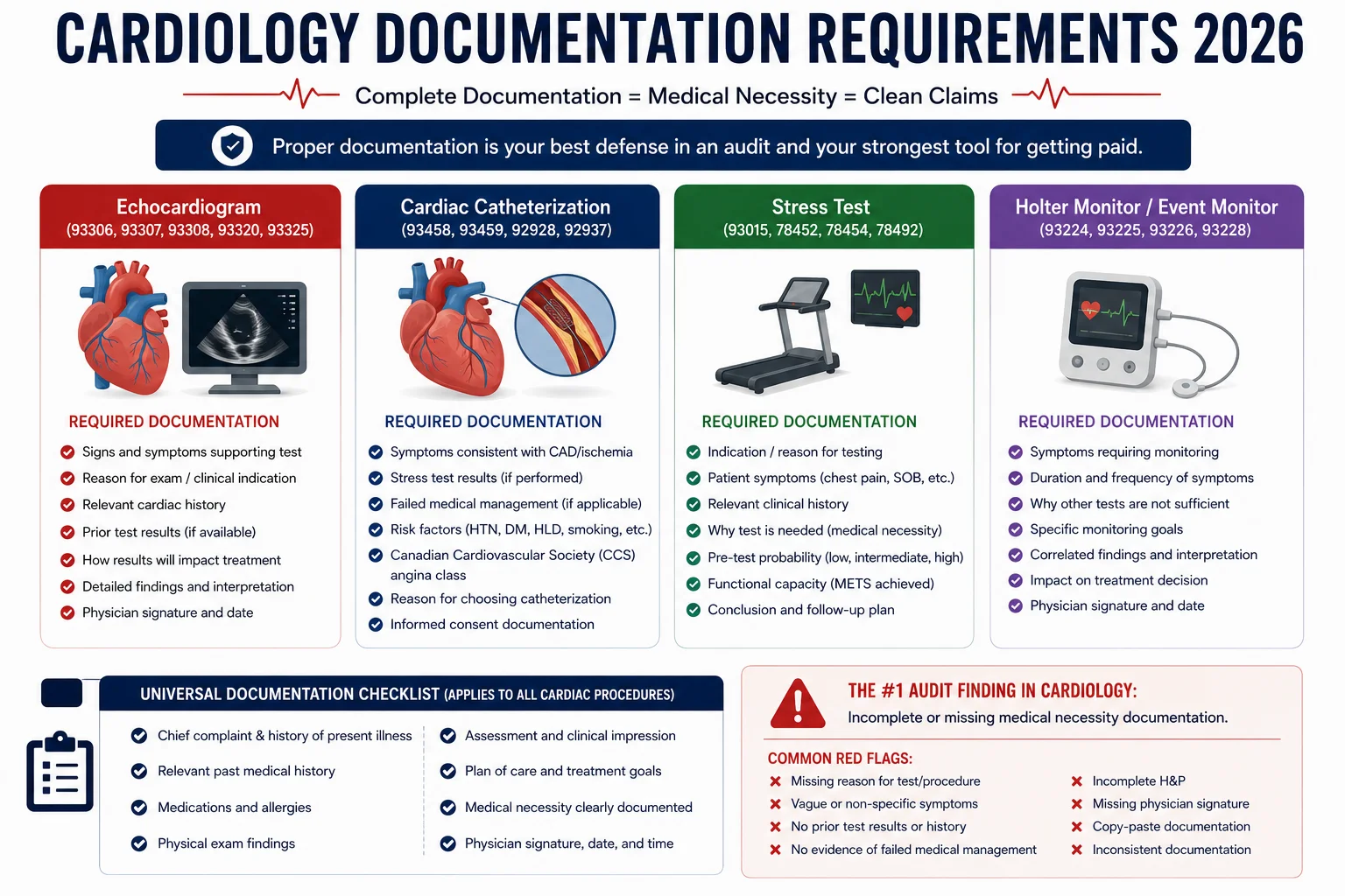 cardiology billing documentation requirements 2026 medical necessity echocardiogram catheterization stress test