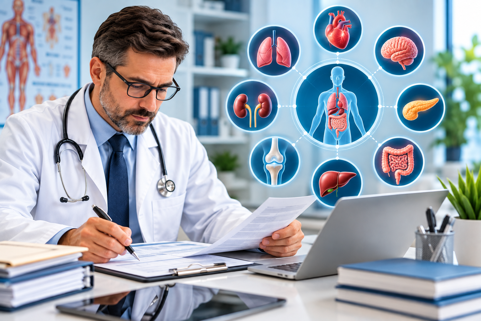 Doctor Reviewing Medical Records with Health Icons