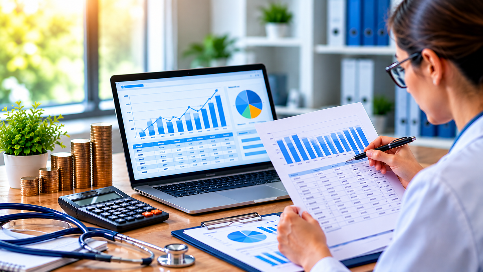 Medical billing professional reviewing ERA reports and payment reconciliation charts