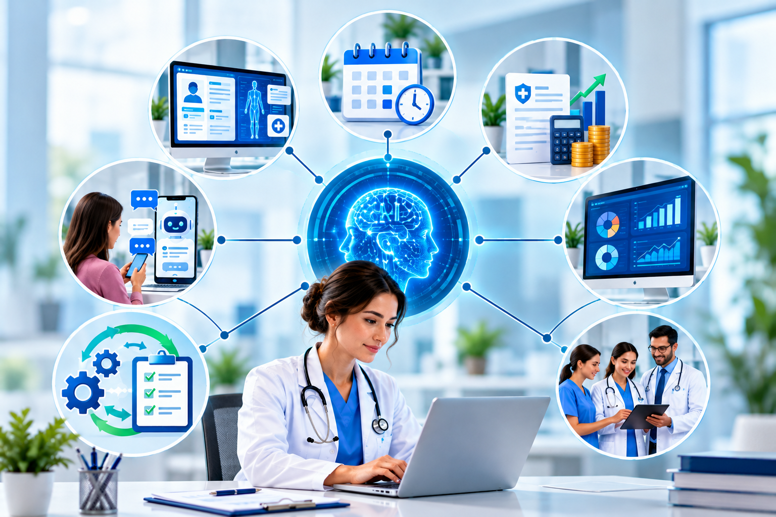 AI in healthcare practice management infographic showing EHR, medical billing, scheduling, analytics, and patient communication