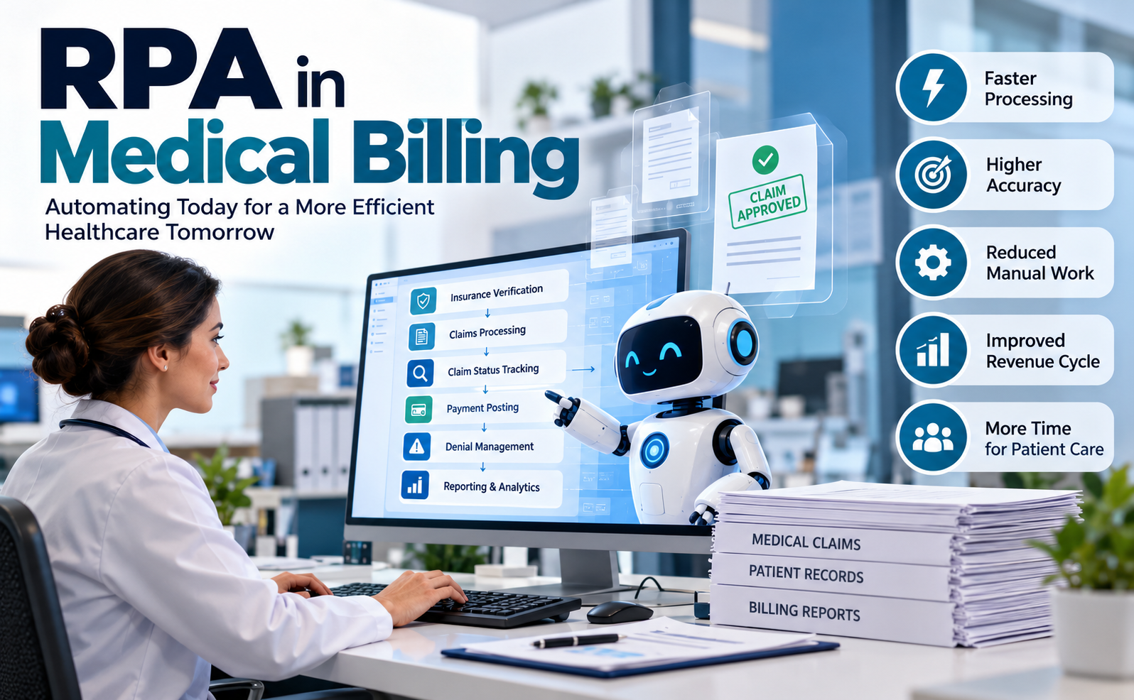 RPA in Medical Billing infographic showing 7 benefits of healthcare billing automation