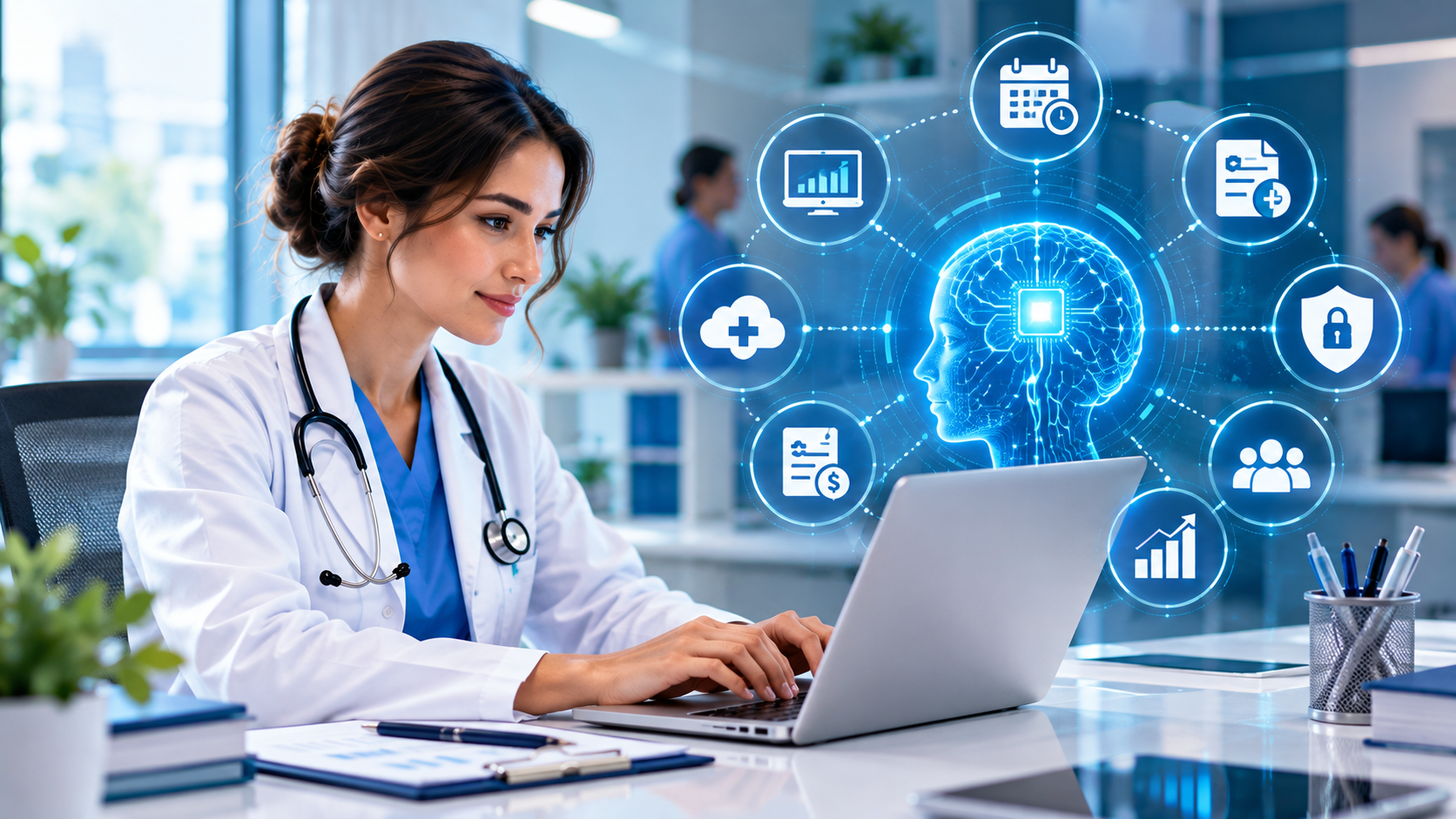 AI in healthcare practice management infographic showing EHR, medical billing, scheduling, analytics, and patient communication