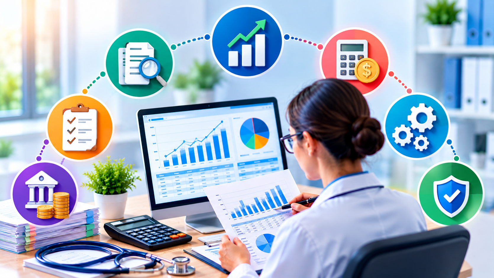 Provider level adjustments infographic showing medical billing analytics, payment accuracy, and financial compliance