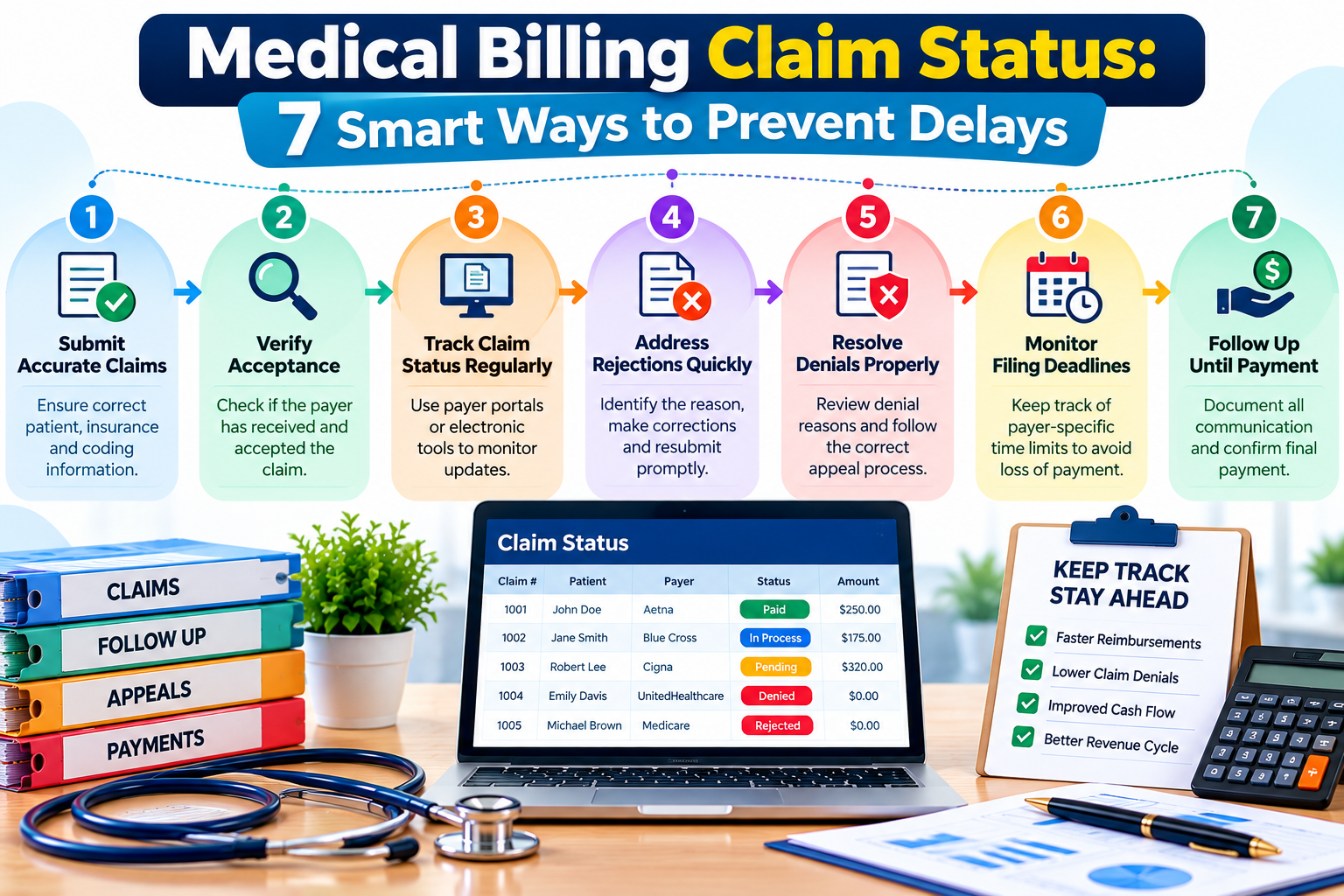 Medical billing claim status workflow infographic