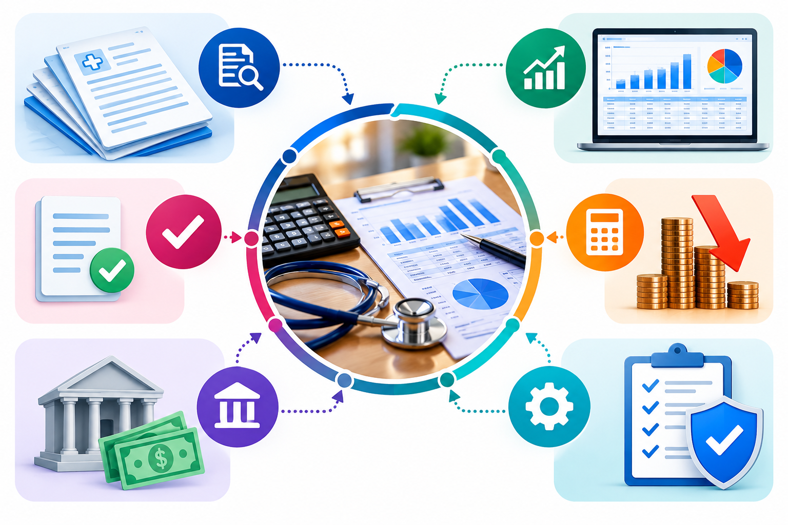 Medical billing financial analysis with revenue charts, calculator, and healthcare reports